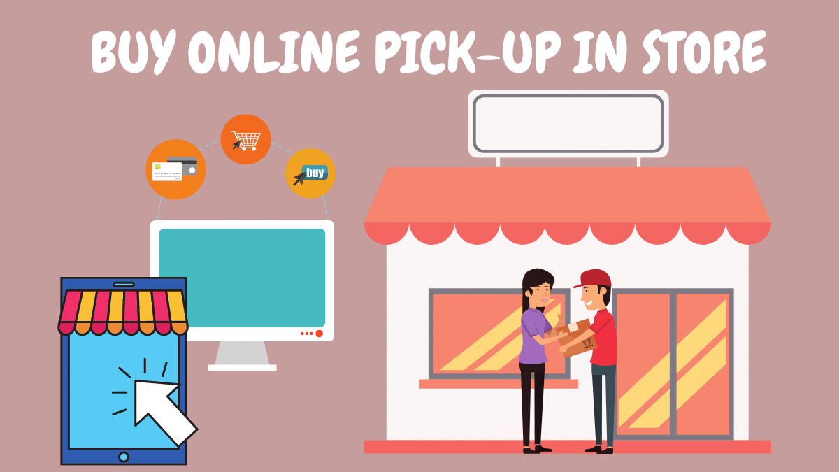 Cartoon image depicting Computer and tablet and customer collecting item from store